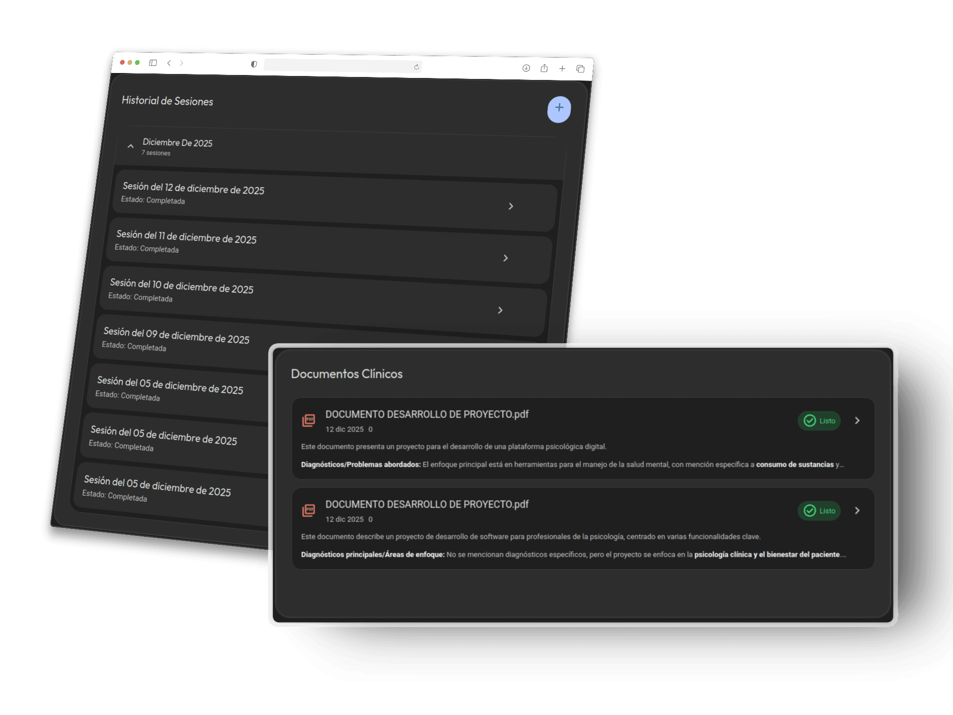 Integración de documentos clínicos y sesiones